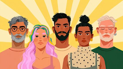 Diverse group of people standing together with yellow background