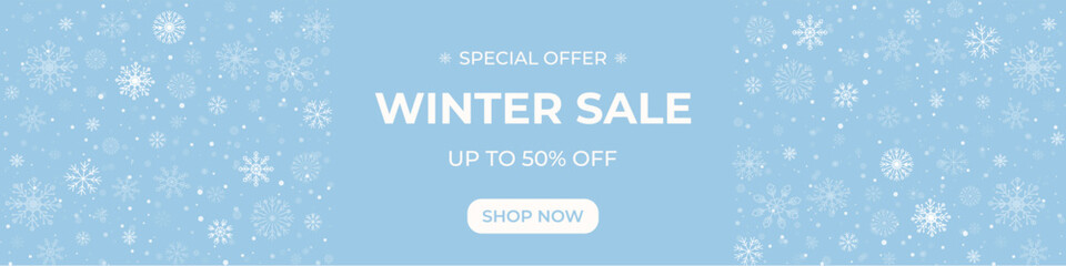Winter sale banner with light snowflakes on a frosty blue background. Soft grain texture banner. Elegant seasonal promotional design