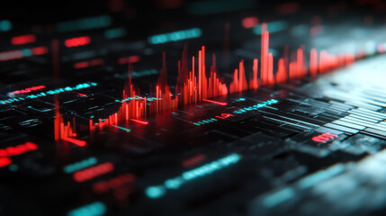 Data visualization displays vibrant red and blue bars on a dark digital interface, representing real-time analytics and information flow