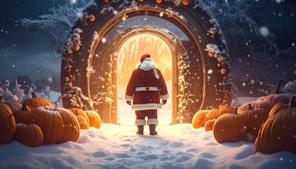 Santa's magical portal to winter wonderland with pumpkins and snow, a festive holiday scene of wonder and delight, Christmas spirit abounds