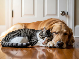 Golden retriever dog and tabby cat sleeping together peacefully