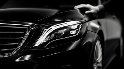Fototapeta premium Black car with a person touching the headlight. The car is sleek and shiny, and the person is standing next to it