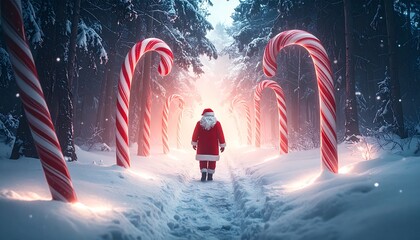 Santa Claus walking through a magical snowy forest lined with giant candy canes brings holiday cheer and festive joy for Christmas celebrations
