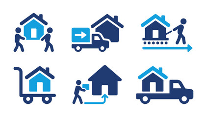 Moving house and relocation icon set, house transport and home delivery symbol collection.