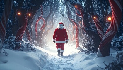 Santa Claus walking through a magical winter forest with snow-covered candy cane trees, bringing Christmas cheer and holiday wonder to all