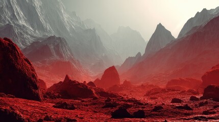 Fototapeta premium Dramatic landscape of mountains in a reddish hazy atmosphere