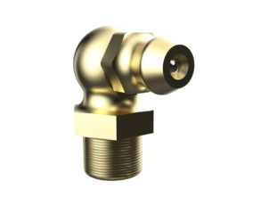 High-Quality 3D Render of a Brass 90-Degree Elbow Zerk Grease Fitting for Hydraulic and Industrial Lubrication Systems, Isolated on PNG Transparent Background for Professional Engineering Design.