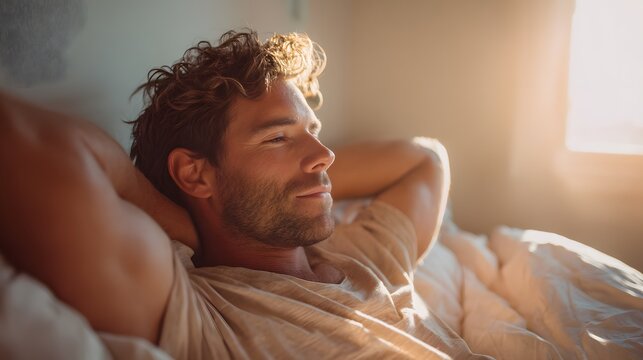 Man is laying in bed with his arms over his head. He has a smile on his face and he is relaxed
