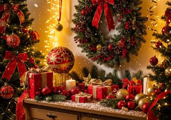 Cozy Holiday Interior with Wreath, Tree, and Wrapped Presents