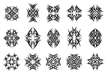 Set of decorative tribal art elements and abstract geometric ornaments for tattoo and graphic design.