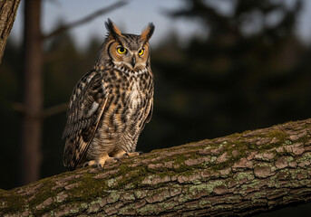 Majestic Great Horned Owl perched on a mossy branch in a misty forest at twilight.
