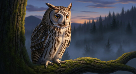 Great horned owl sitting on a tree branch in the foggy wild woodland during twilight.