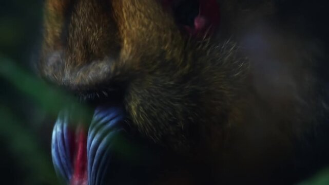 Close up of a mandrill face with distinctive facial markings