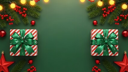 Festive christmas arrangement with gifts lights and green background for holiday greetings
