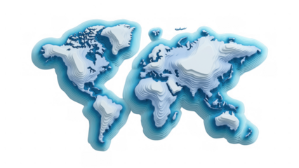 3D terrain map of oceans and continents, AI, PNG