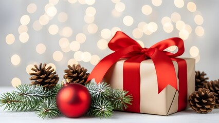 Festive christmas gift with red ribbon and pine cones on bokeh background