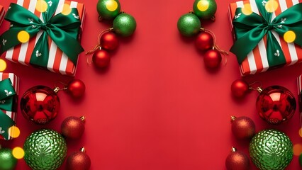 Festive christmas gift boxes and ornaments on a red background