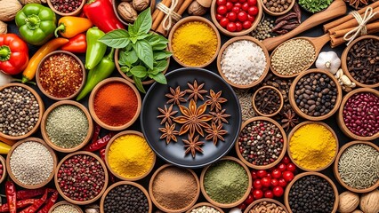 Vibrant assortment of spices herbs and vegetables in wooden bowls and plates