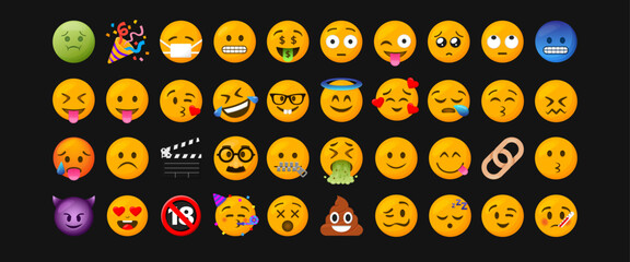 Set of 40 colorful 3D social media emoji icons with expressive faces, fun party elements, sick faces, heart eyes, devil emoji, and comedy props. Ideal for digital content, chat, or UI design.
