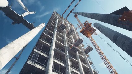 Tall building under construction with cranes lifting materials and concrete pillars rising into a bright sky creating a dynamic architectural development scene
