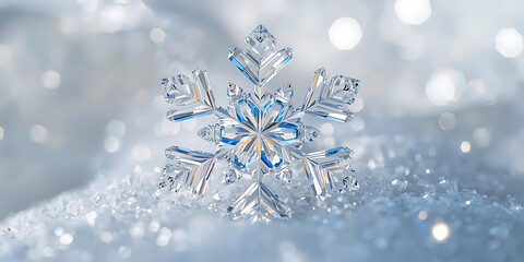 Crystalline snowflake on sparkling snow
