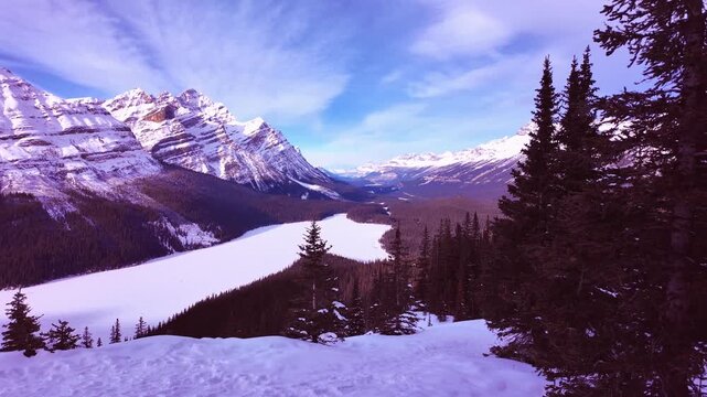 Breathtaking aerial view of frozen Peyto Lake surrounded by dramatic Rocky Mountain peaks and dense alpine forest, capturing the raw beauty of winter in Canada.