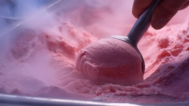 Prepare delicious pink strawberry ice cream dessert with scoop held by hand. magical cold vapor and dramatic light create fun sweet food science scene for frozen treat