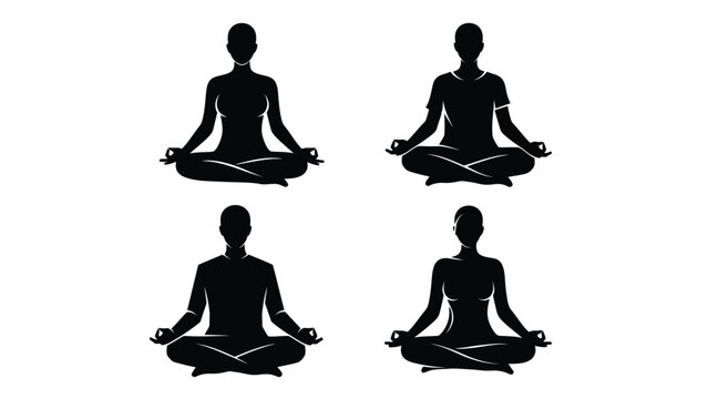 Black silhouettes of people in lotus yoga meditation poses, symbolizing peace, wellness and harmony