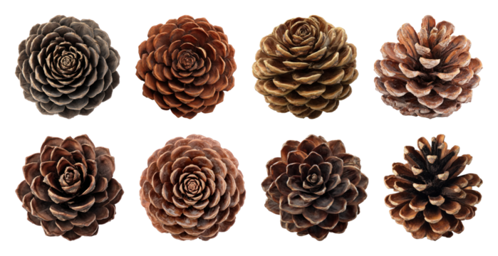 PNG Diverse pine cones collection displayed, transparent background