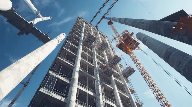 Tall building under construction with cranes lifting materials and concrete pillars rising into a bright sky creating a dynamic architectural development scene