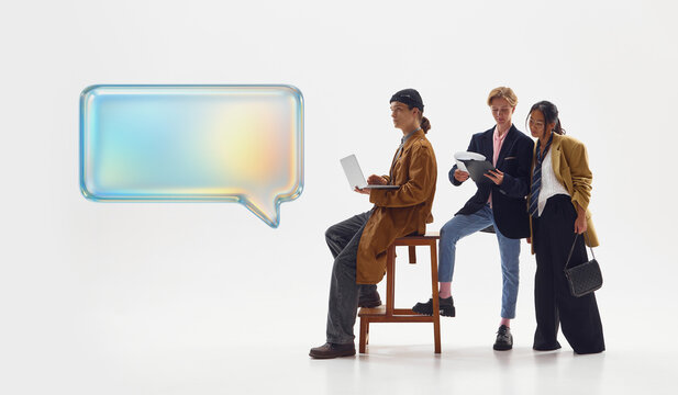 Clean collage of three people with glass-liquid speech bubble. Concept of team discussions, shared projects, digital collaboration, and streamlined communication routines. - Powered by Adobe
