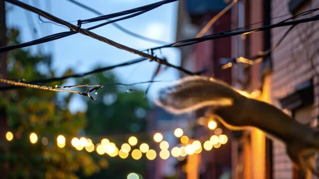 Squirrel balancing on electrical wire with string lights bokeh background