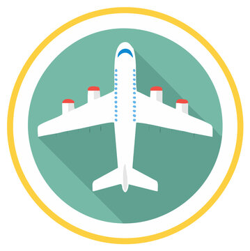 White passenger airplane icon with long shadow in flat design style for travel and aviation