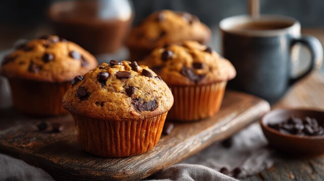 Morning muffin magic: close-up shot of chocolate chip breakfast muffins with warm tones and comforting browns