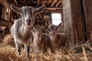 Nanny goat and her brown kids in a cozy straw-filled barn setting