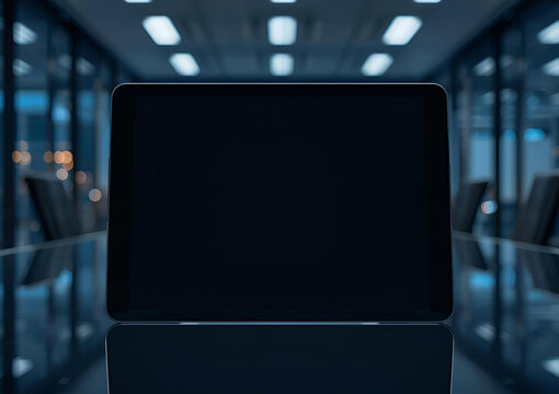 Modern Digital Tablet Mockup in Dark Corporate Office Setting