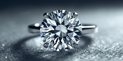 Round diamond ring on glittery silver surface