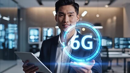 Asian executive explores 6G technology on tablet in futuristic office setting - Powered by Adobe