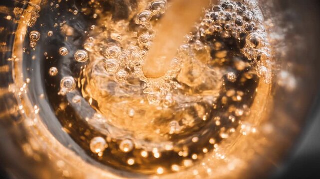Captivating macro abstract background of golden sparkling liquid beverage in glass, featuring mesmerizing and refreshing close up of effervescent bubble patterns