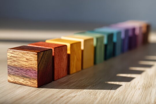 Neatly aligned multicolor wooden blocks on a light surface for bright background visuals