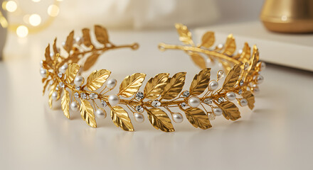 Elegant golden leaf tiara with pearls, perfect for weddings, proms, or adding a touch of glamour to any special occasion, a stunning headpiece fit for a queen or goddess