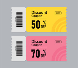 Colorful Discount Coupon Tickets 50% and 70% Off Voucher Designs with Barcode