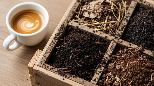 Coffee Grounds and Vermicompost Materials in Divided Wooden Box Next to Espresso Cup