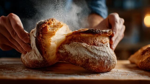 Satisfying closeup of baker hand dusting fresh flour on rustic homemade artisan loaf of bread warm moment focused on traditional craft of baking from scratch