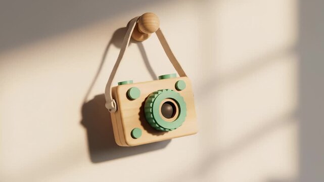 Wooden Toy Camera Hanging From a Wooden Hook