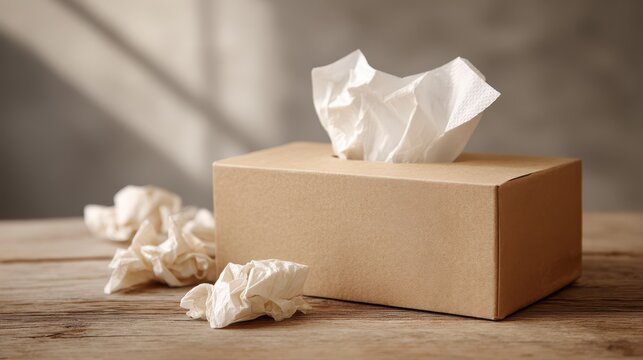 Neutral-toned desk setup featuring a rectangular tissue box and used tissues in a calm workspace