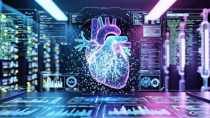 A futuristic medical interface displaying a 3D heart scan with data readouts and a server room background - Powered by Adobe