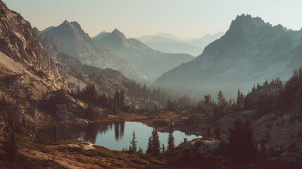 Nostalgic Nature Photograph: Majestic Mountains, Silky Waters, Subtle Amber Light