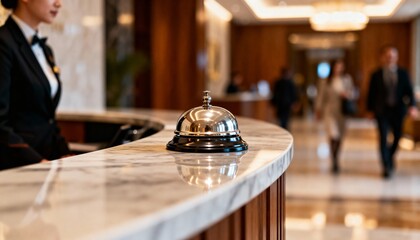 A polished hotel reception bell in sharp focus on a modern lobby desk.