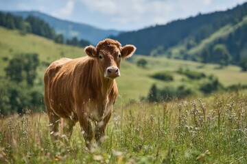 Open countryside scene featuring a brown cow in a grassy field